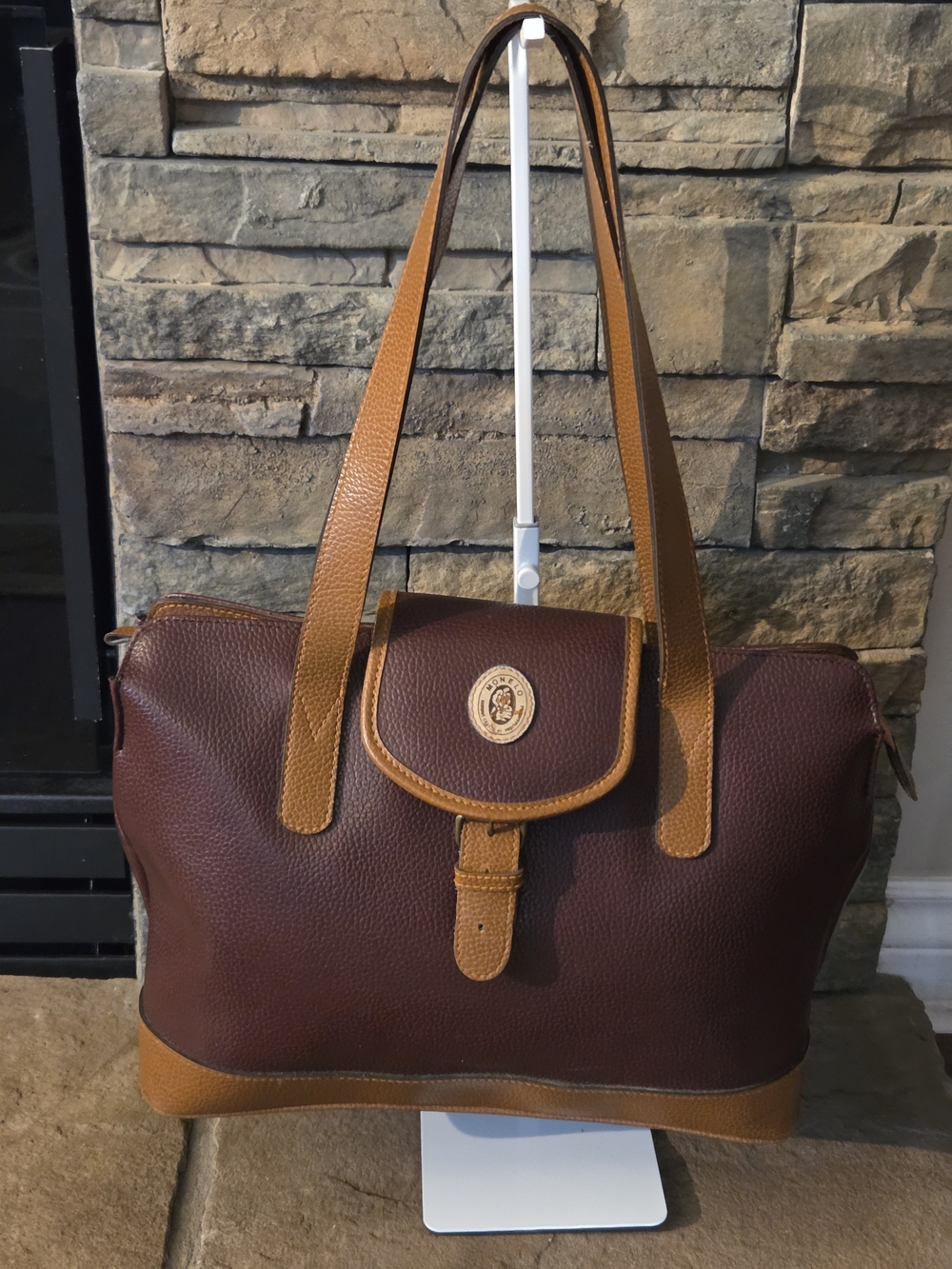 Vintage Monelo Two-Tone Pebbled Leather Shoulder Tote Bag Burgundy & Tan